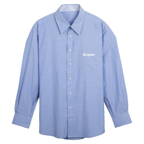 A light blue button-up men's business shirt with long sleeves and a logo on the front. Men's Business Shirts - Image 1