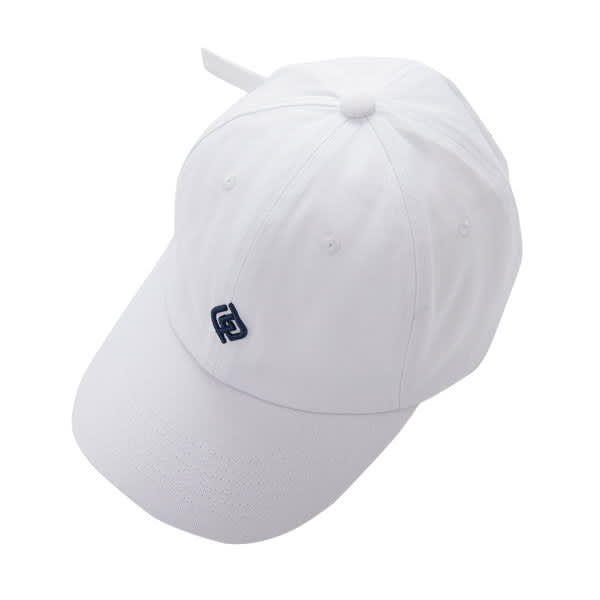 A white six-panel baseball cap with a logo. The cap features an adjustable strap at the back. Promo 6 Panel Baseball Cap - Image 1