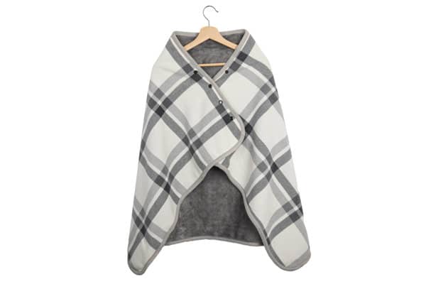 A wearable flannel blanket in grey and white plaid pattern, featuring buttons and a cozy design, displayed on a hanger. Wearable Flannel Blanket With Button - Image 1