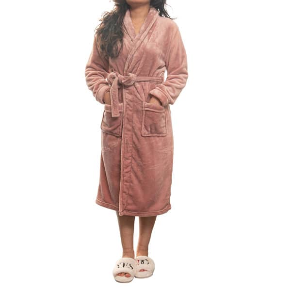 A pink flannel robe with a tie belt and pockets, paired with light-coloured slippers. It features a soft texture. Custom Lapel Flannel Robe - Image 1