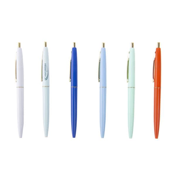 A collection of custom click pens in white, light blue, blue, mint green, and orange, all featuring gold trim and branding. Custom Click Pen With Gold Trim - Image 1