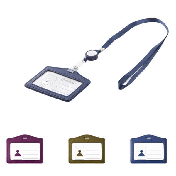 A leather ID badge holder with a lanyard, available in purple, green, and navy blue, featuring a logo. Leather ID Badge Holder With Lanyard - Image 1