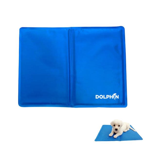 A blue pet cooling gel mat with a logo, featuring a small dog lounging on it. Pet Summer Cooling Gel Mat - Image 1