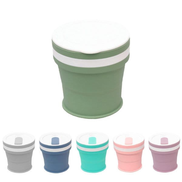 A silicone collapsible travel coffee mug in green with a white lid, alongside mugs in grey, blue, teal, and pink. Silicone Collapsible Travel Coffee Mug - Image 1