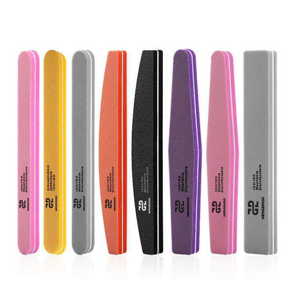 A set of emery boards in various colours including pink, purple, grey, orange, black, and yellow, with branding. Nail File Emery Board - Image 1