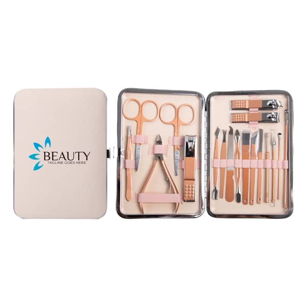A rose gold nail clipper set in a tan case, featuring various manicure tools and a logo. 18 in 1 Rose Gold Nail Clipper Set - Image 1