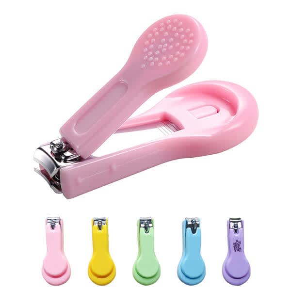 A pink baby nail clipper with a textured handle, accompanied by five other coloured nail clippers in yellow, green, blue, purple, and pink. Promotional Baby Nail Clipper - Image 1