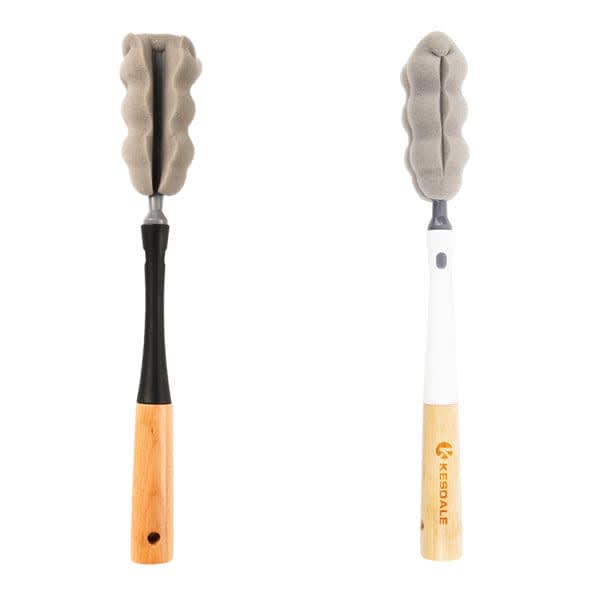 A drink bottle cleaning brush with detachable sponge heads, featuring a black handle and a white handle with wood accents. Detachable Sponge Bottle Cleaning Brush - Image 1