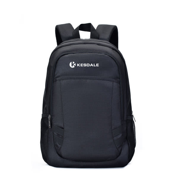 A black leisure laptop backpack featuring adjustable straps and a front pocket, with a logo on the front. Leisure Laptop Backpack - Image 1