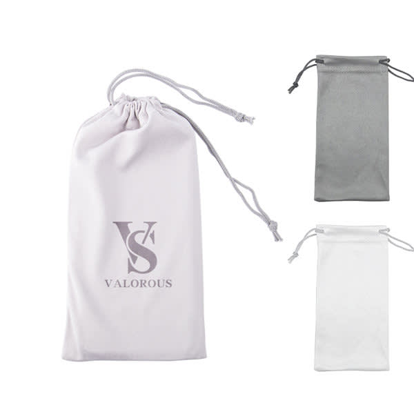 A set of three custom microfiber suede sunglasses drawstring pouches in white, grey, and soft grey, featuring logos. Custom Microfiber Suede Sunglasses Drawstring Pouch - Image 1