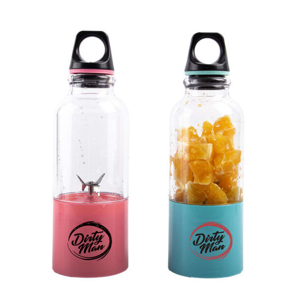 A portable USB juicer cup in pink and teal, featuring a mixing blade and a logo on the base. Portable USB Juicer Cup - Image 1