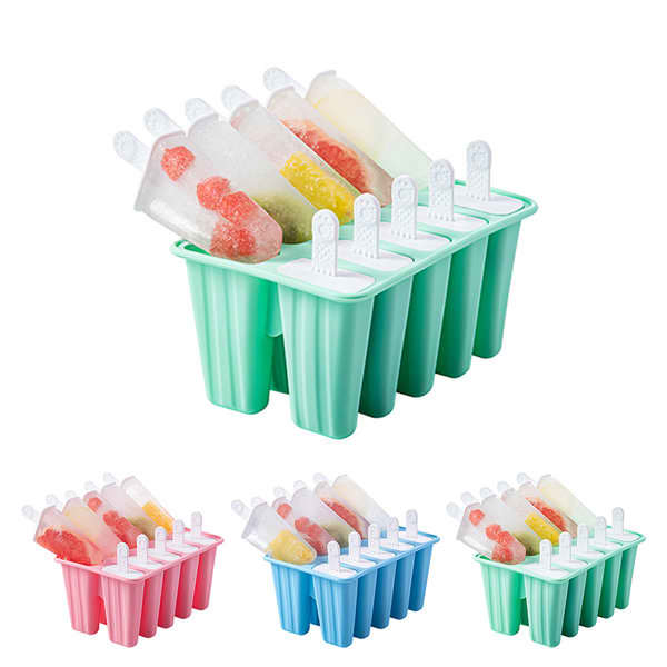 A green silicone ice cream mold with ten compartments, featuring popsicles in various colours, including red, yellow, and green. 10 Grids Silicone Ice Cream Mold - Image 1