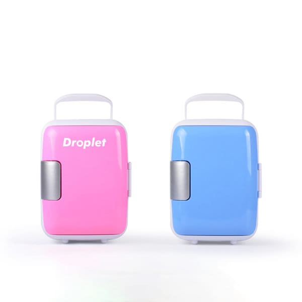A pink and blue mini fridge, featuring a handle and a logo, suitable for car or home use. 4L Mini Fridge For Car Or Home Use - Image 1