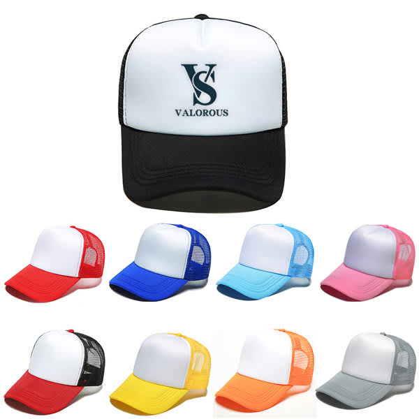 A variety of custom 5 panel foam trucker caps in white, black, red, blue, light blue, pink, yellow, and orange, featuring a logo. Custom 5 Panel Foam Trucker - Image 1