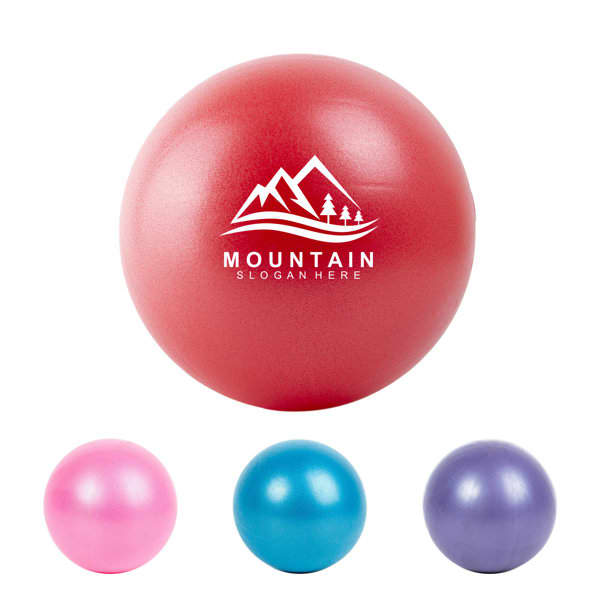 A pink, blue, and purple mini PVC thickened yoga ball with a logo. Mini PVC Thickened Yoga Ball - Image 1