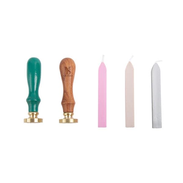 A green and wooden wax seal stamp with three wax sticks in pink, cream, and grey. Brand logo visible on the stamp handle. Wax Seal Stamp Set - Image 1