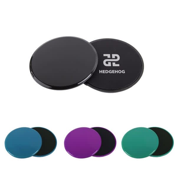 Two circular exercise gliding discs in black, purple, teal, and green, featuring a logo on one side. Custom Printed Exercise Gliding Discs - Image 1