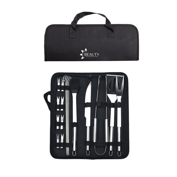 A stainless steel barbecue tool set in a black carrying case, featuring various grilling utensils and a logo. 9Pcs Stainless Steel Barbecue Tool Set - Image 1
