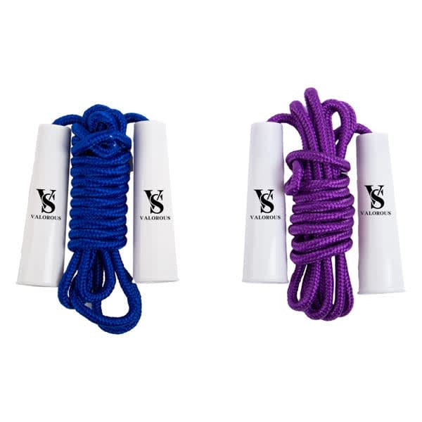 A jump rope with plastic handles in blue and purple, featuring a logo on the handles. Jump Rope With Plastic Handle - Image 1