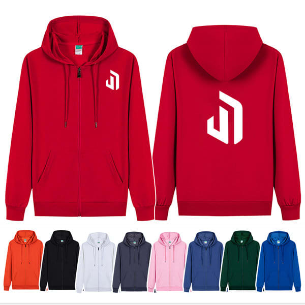 A red zip-up hoodie jacket with a logo, available in various colours including black, grey, and blue. Custom Zip Up Hoodie Thin Jacket - Image 1