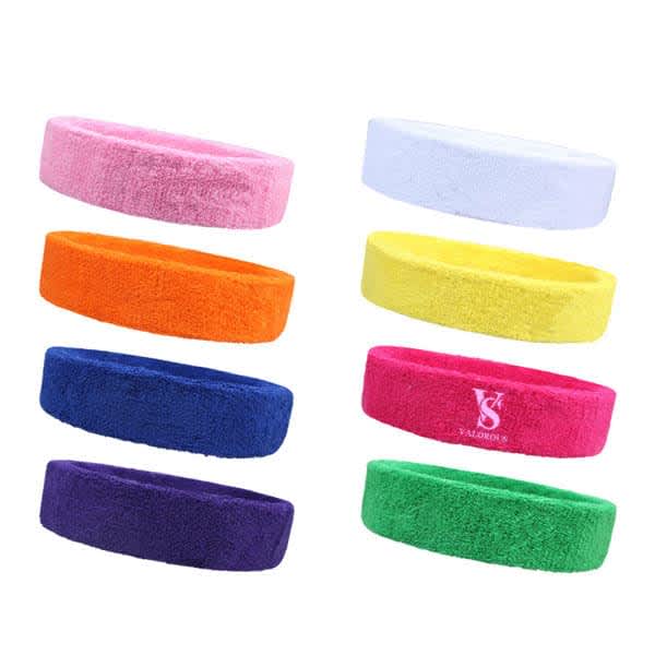 A selection of Terry Cotton Sports Headbands in pink, white, orange, yellow, green, purple, and blue with a logo. Terry Cotton Sports Headband - Image 1