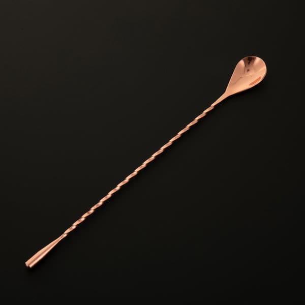 A twisted stem teardrop bar spoon in rose gold, featuring a sleek design and a stylish, elongated shape. Twisted Stem Teardrop Bar Spoon - Image 1
