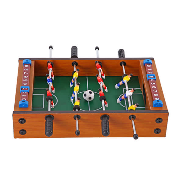 A portable table football game with a green playing field, featuring red and yellow players, and a black and brown wooden frame. Portable Table Football - Image 1