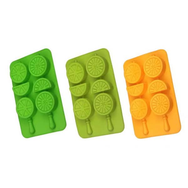 A set of three silicone ice cube trays in green, yellow-green, and orange, shaped like lemon slices and popsicles. Lemon Shaped Silicone Ice Cubes Tray - Image 1