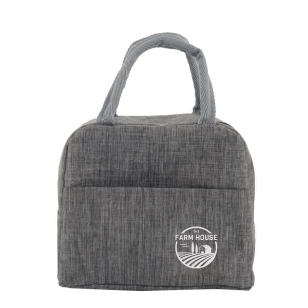 A grey insulated lunch bag with two handles and a front pocket, featuring a logo. Custom Insulated Lunch Bag - Image 1