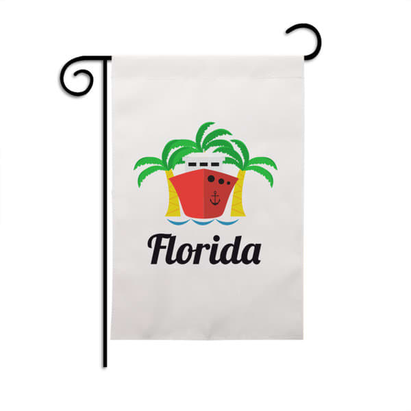 A garden flag featuring a red boat with palm trees and the word "Florida" in black text on a white background. Custom Camping Garden Flag - Image 1