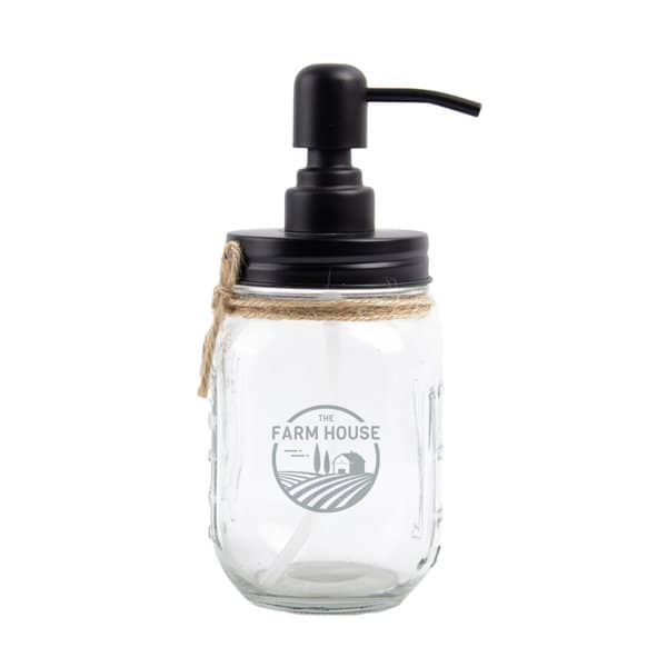 A glass soap dispenser with a black pump lid and twine accent, featuring a decorative logo. Glass Soap Dispenser - Image 1