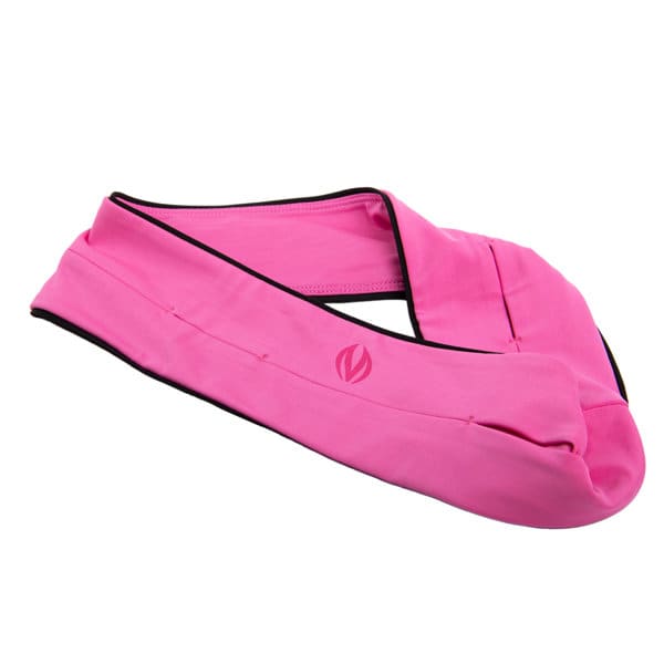A pink Invisible Running Waist Bag with contrasting black edges, featuring a logo. Invisible Running Waist Bag - Image 1