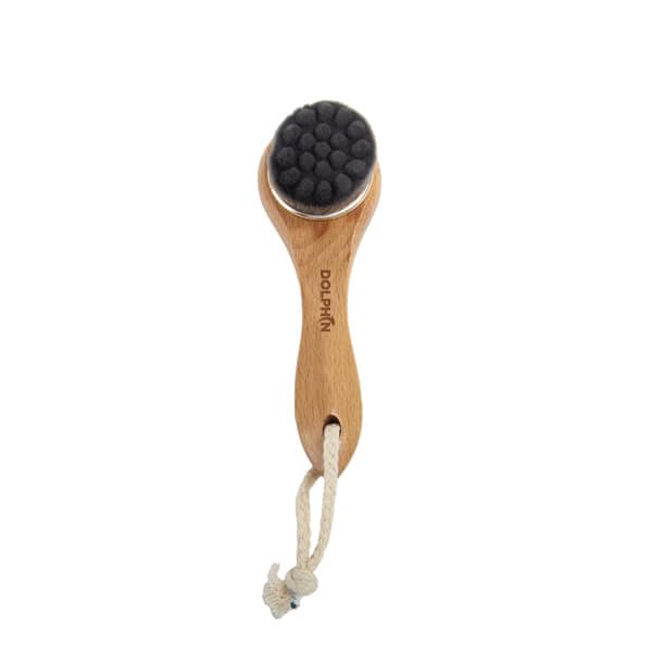 A face cleaning brush with a beech wood handle and a textured black cleaning surface, featuring a hanging loop. Beech Wood Handle Face Cleaning Brush - Image 1