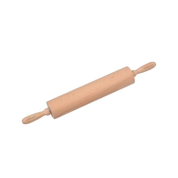 A beech wood rolling pin with light brown colour and classic handles, featuring a logo on one side. Beech Wood Rolling Pin - Image 1