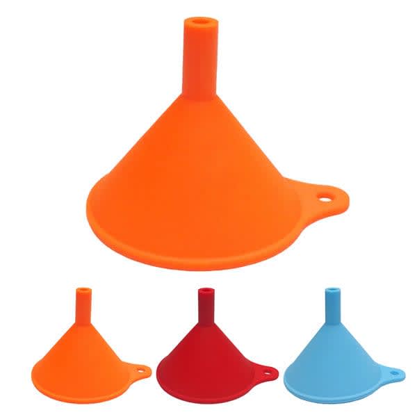 Four silicone funnels in orange, red, and blue, featuring a narrow spout and a hole for easy hanging. Mini Food Grade Silicone Funnel - Image 1