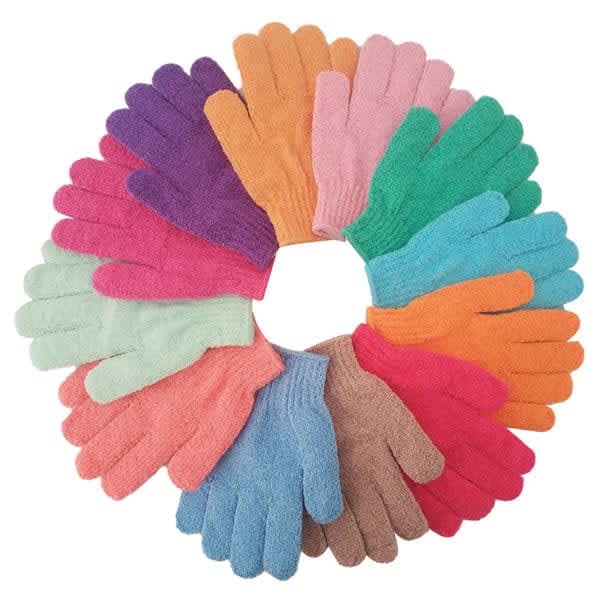 A circle of exfoliating bath gloves in various colours, including purple, pink, orange, green, and blue. High Quality Exfoliating Bath Glove - Image 1