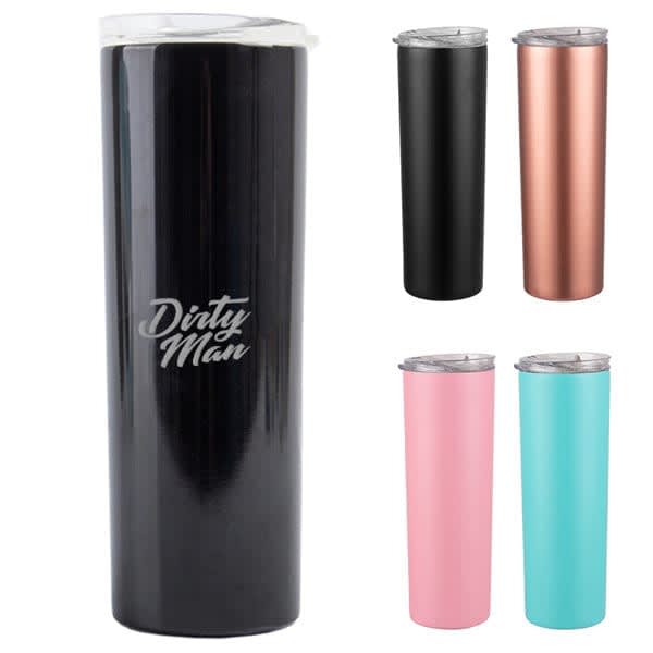 A drink bottle featuring a slim, straight design in black, copper, pink, and turquoise, with a lid and logo. 20 oz. Stainless Steel Straight Skinny Tumbler With Lid - Image 1
