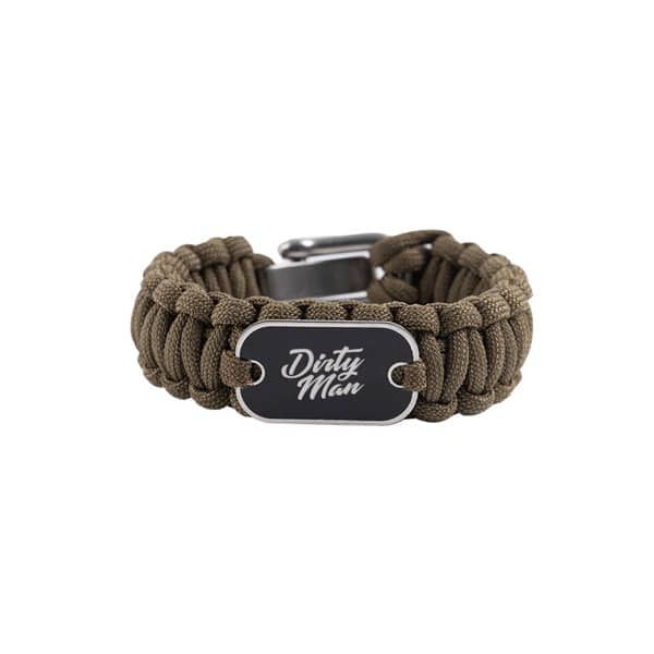 A brown paracord survival bracelet featuring a metal nameplate and a sturdy clasp, with a branded logo. Paracord Survival Bracelet With Nameplate - Image 1