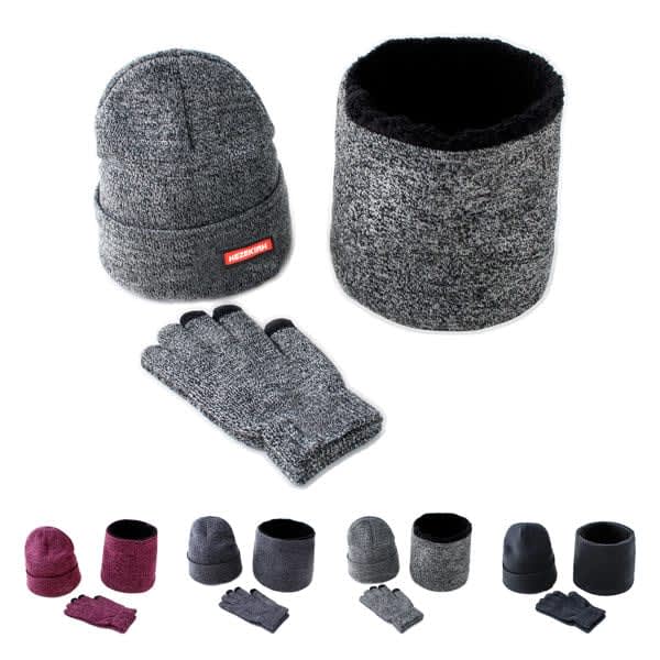 A beanie, scarf, and gloves set in grey and black, featuring a textured design and a logo. 3 Pcs Beanie Scarf Gloves Set - Image 1