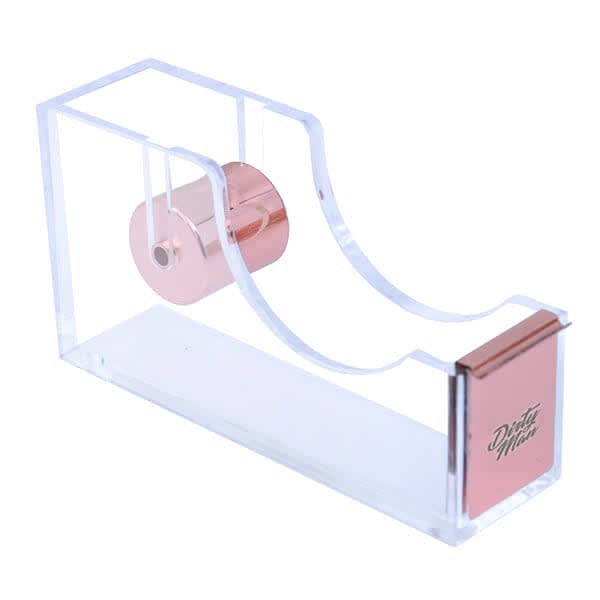 Acrylic desktop tape dispenser in clear with rose gold accents, featuring a sleek, modern design and branding. Acrylic Desktop Tape Dispenser - Image 1