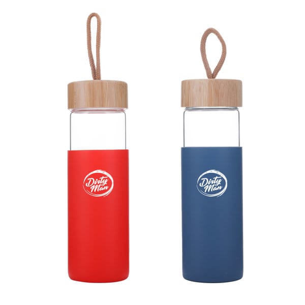 A drink bottle set featuring a red and a blue 17 oz. glass bottle, both with bamboo lids and branding. 17 oz. Wide Mouth Glass Water Bottle With Bamboo Lid - Image 1