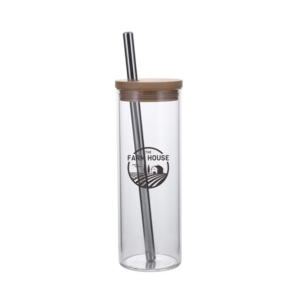 A drink bottle featuring a clear glass tumbler with a bamboo lid and a metal straw, displaying a logo. 25 oz. Boba Glass Tumbler With Bamboo lid - Image 1