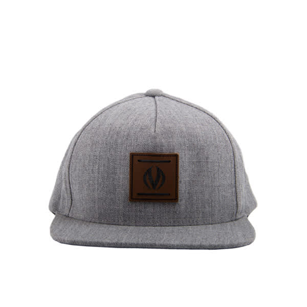 A grey snapback hat with a square patch featuring a logo on the front. Custom Snapback Hat - Image 1