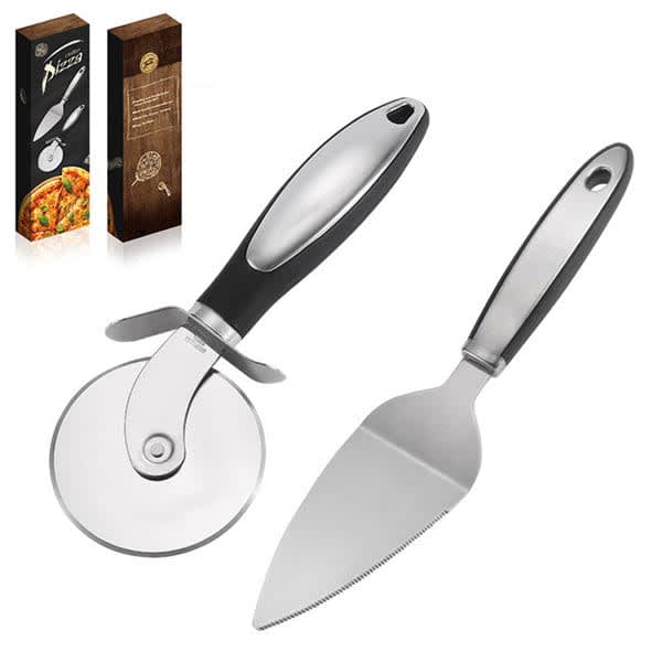 A silver pizza cutter with a black handle and a stainless steel server shovel, displayed with packaging in the background. Pizza Cutters Wheel Server Shovel - Image 1