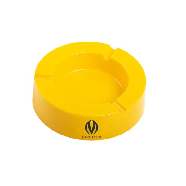 A round plastic ashtray in bright yellow, featuring a logo on its surface. Custom Round Plastic Ashtray - Image 1