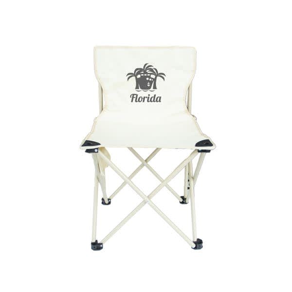 A cream outdoor folding chair with a logo featuring palm trees and the word "Florida." It includes a carrying bag. Outdoor Folding Chair With Carrying Bag - Image 1