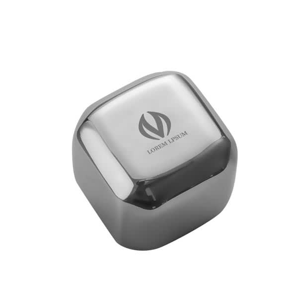 A stainless steel whiskey ice stone in a sleek, shiny finish, featuring a logo on its surface. Stainless Steel Whiskey Ice Stone - Image 1