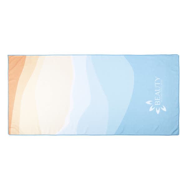 A full-colour print beach towel in shades of blue and orange, featuring a logo on the side. RPET Full Color Print Beach Towel - Image 1
