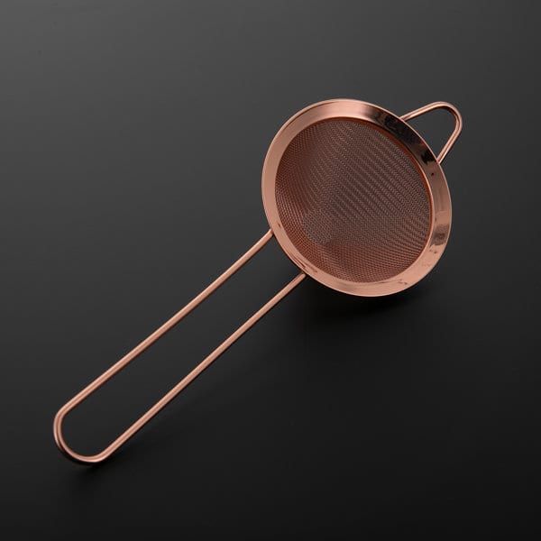 A conical mesh cocktail strainer with a copper finish, featuring a handle and a fine mesh design. Conical Mesh Cocktail Strainer For Boston Shaker - Image 1