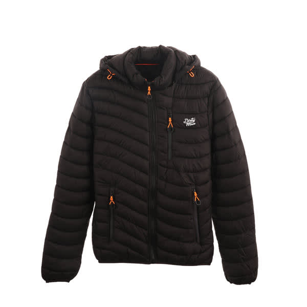 Men's black quilted puffer jacket with a detachable hood and orange zipper details. Features multiple front pockets and a logo. Men's Quilted Jacket With Detachable Hood - Image 1